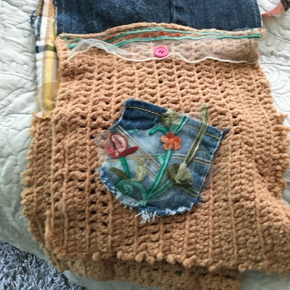 Handmade Boho Denim Patchwork Knit Scarf - Picture 6 of 8